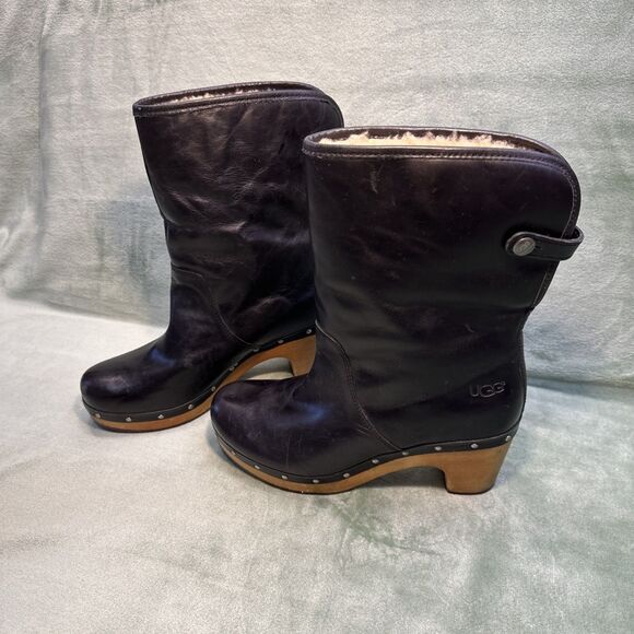 UGG Boots Womens Size 8 Y2K Black Leather Wood Heel Shearling Lined Studded Clog - Picture 1 of 9